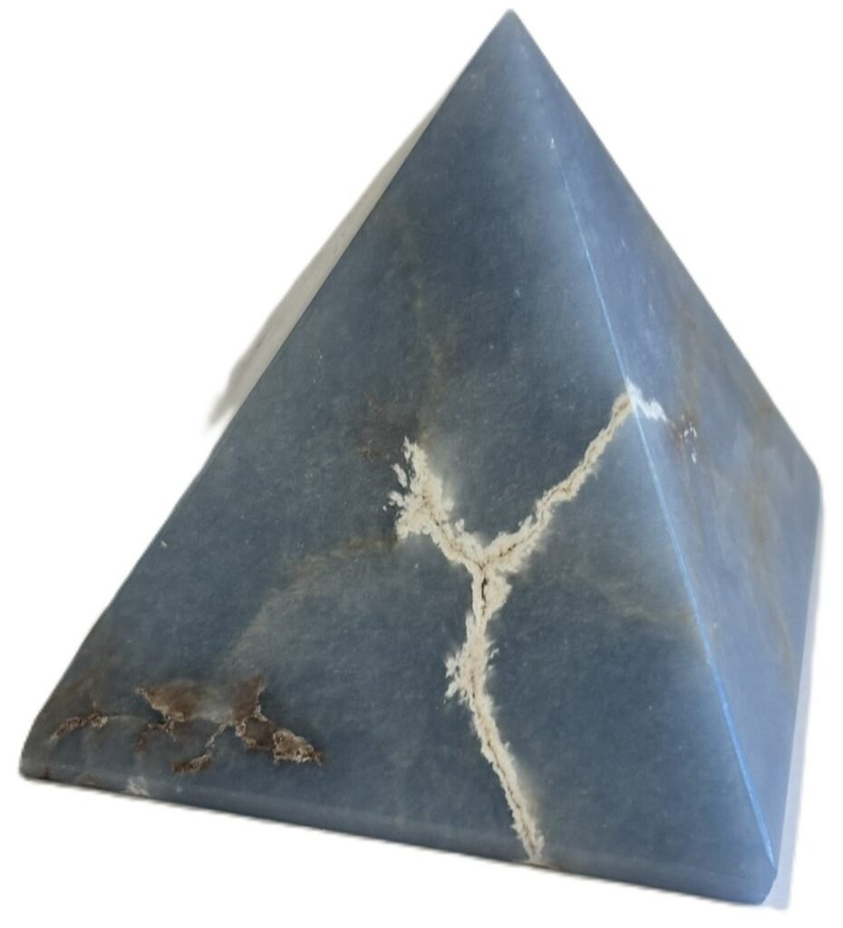Polished natural angelite crystal pyramid 1 sians emporium Polished blue angelite four sided pyramid showing natural white veining and earthy inclusions on a white background